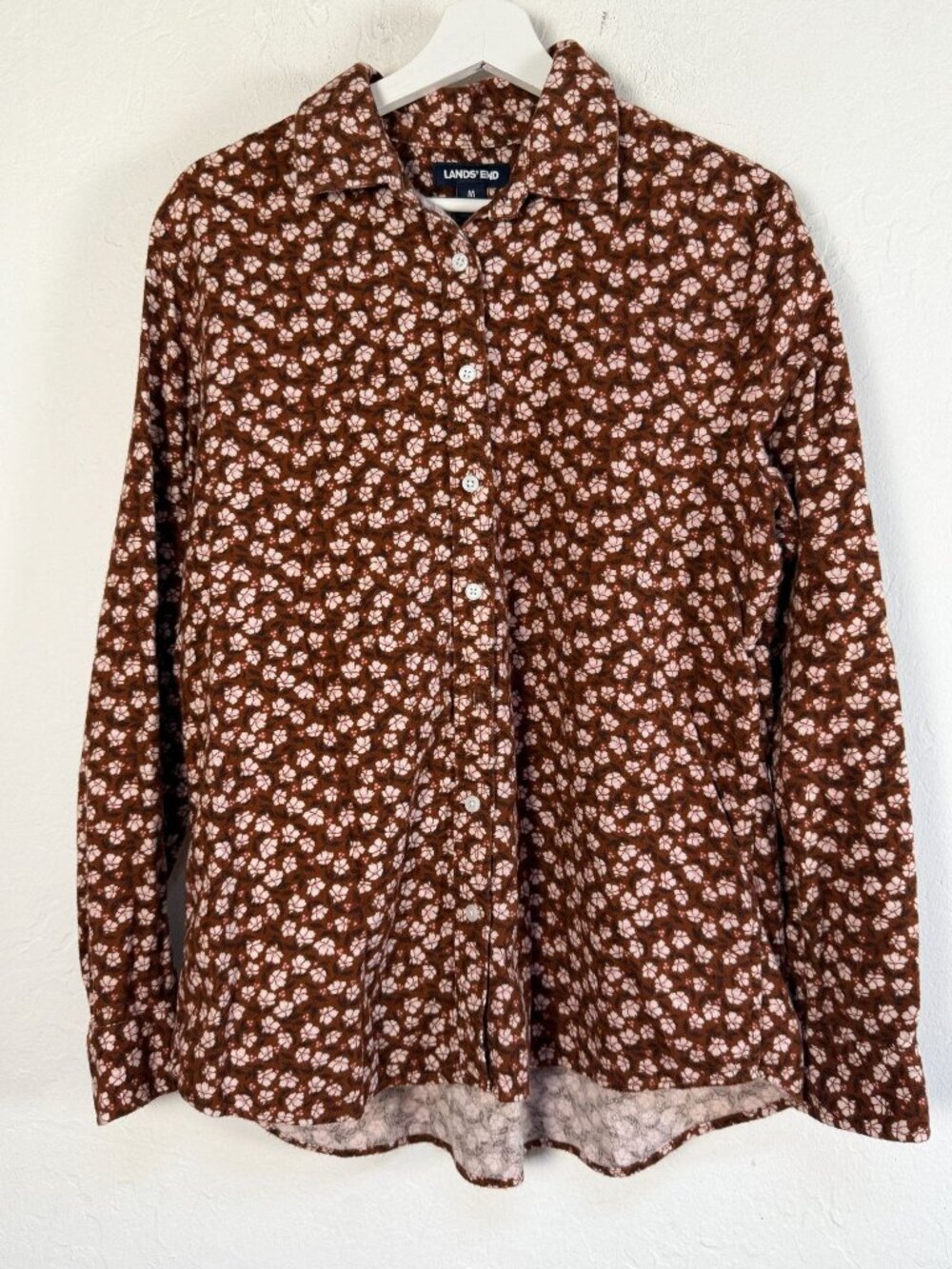 Lands' End Women's Button Down Shirt Medium 10-12 Brown Ditsy Floral Cotton Top